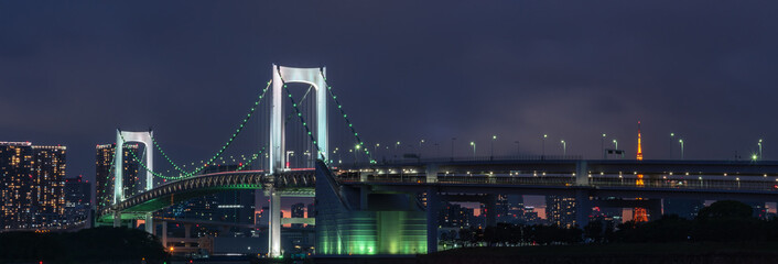 Beautiful night view of Odaiba, Tokyo Tower and Rainbow Bridge in Tokyo, Japan