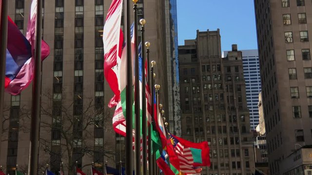 International flags from around the world.
Row of flags blowing in the breeze with flickering lens flare.
Slow motion.