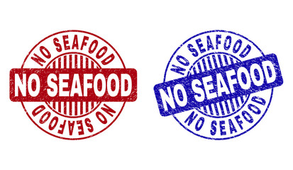 Grunge NO SEAFOOD round stamp seals isolated on a white background. Round seals with grunge texture in red and blue colors. Vector rubber overlay of NO SEAFOOD caption inside circle form with stripes.