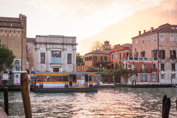 View to Accademia waterbus stop from the other bank of the Grand Canal, Venice, Italy - obrazy, fototapety, plakaty