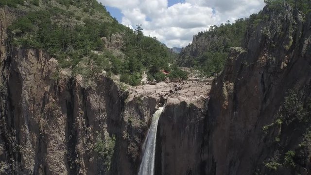 Aerial shot of the top of the Basaseachi waterfall in the Candamena Canyon, Chihuahua