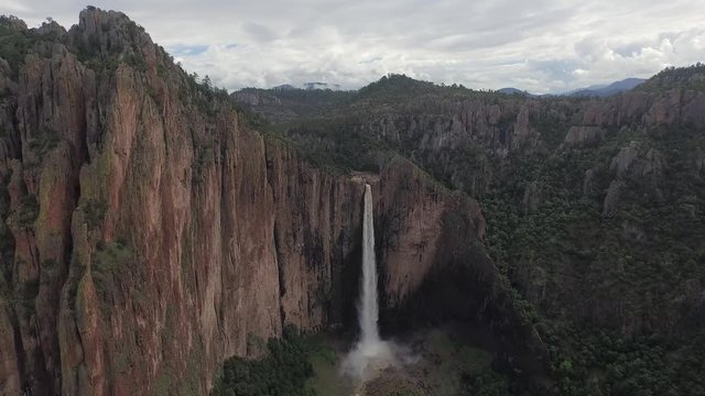 Aerial wide shot of the Basaseachi waterfall in the Candamena Canyon, Chihuahua