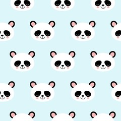 Seamless Vector Pattern panda bear pattern on light blue background. Small pandas with different gestures.