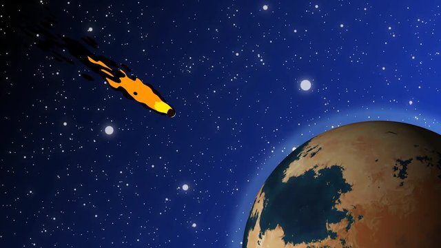 Animated motion graphic of flaming comet heading toward rotating planet earth across starry night sky.