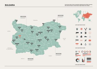Vector map of Bulgaria .  High detailed country map with division, cities and capital Sofia. Political map,  world map, infographic elements.
