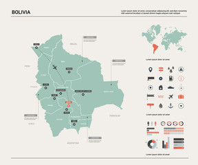 Vector map of Bolivia.  High detailed country map with division, cities and capital Sucre. Political map,  world map, infographic elements. - obrazy, fototapety, plakaty