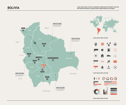 Vector map of Bolivia.  High detailed country map with division, cities and capital Sucre. Political map,  world map, infographic elements.