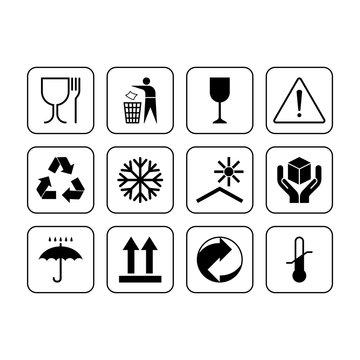 Packaging symbols. Flat package signs isolated on white background.