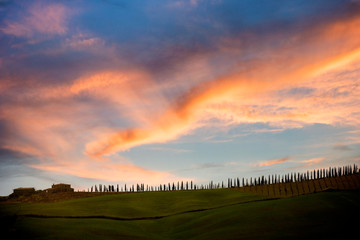 Fototapeta na wymiar Tuscan hill with row of cypress trees and farmhouse ruin at sunset. Tuscan landscape. Italy