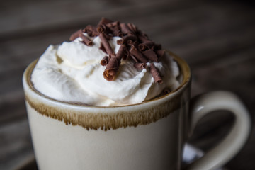 Cup of Hot Chocolate with Squrty Cream and Chocolate Sprinkles on Top.  Close up with burred background