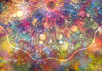 Abstract mandala graphic design and watercolor digital art painting for ancient geometric concept...