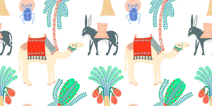 seamless pattern with egyptian symbols - camel, donkey