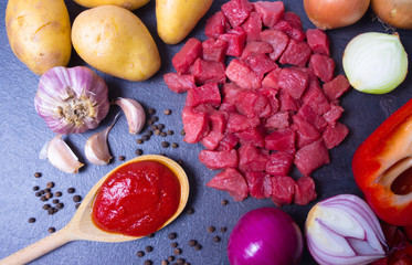 Ingredients for the preparation of traditional Hungarian goulash.