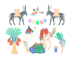 set of Egyptian symbols - camels, palms, donkeys and scarab