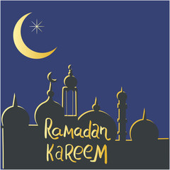 Fototapeta na wymiar Mosque silhouette with crescent moon and Ramadan Kareem lettering.
