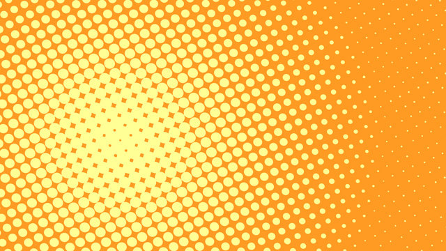 Bright yellow and orange retro pop art background with dots. Vector abstract background with halftone dots design.