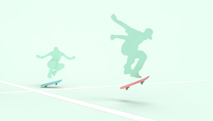 Skateboard drawing style of hipster Freestyle Extreme Sports Play Concept on pastel Green background - Illustrations Art