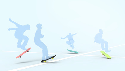 Skateboard silhouettes drawing style of hipster and Freestyle Extreme Sports Concept on pastel Green  background - Illustrations Art