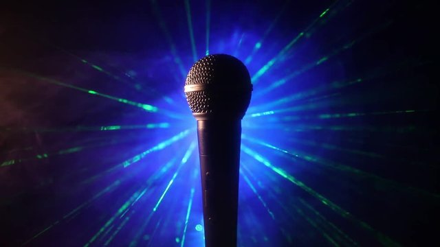 Microphone for sound, music, karaoke in audio studio or stage. Mic technology. Voice, concert entertainment background. Speech broadcast equipment. Live pop, rock musical performance