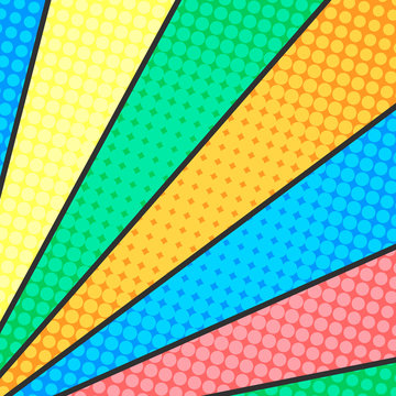 Abstract colorful strip red, orange, blue, green, yellow pop art background with retro haftone dots design. Vector comic template for empty bubble, sale banner, illustration comic book design.
