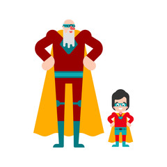 Superhero Grandfather and grandson. Super granddad in Cloak and mask. Superpowers old man. Cartoon style vector