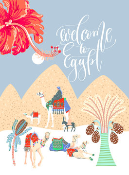 travel card with hand lettering - welcome to Egypt and art picture of Egyptian desert