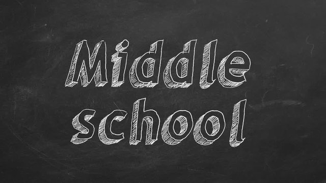 Hand drawing "Middle school" on black chalkboard. Stop motion animation.