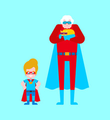 Superhero Grandmother and grandson. Super Grandma in Cloak and mask. Superpowers old woman. Cartoon style vector