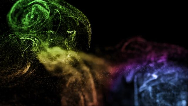 4k glow particles move in a stream of liquid in front of the camera in slow motion. 3d ink effect for luminous particles, advection. Use luma matte as alpha channel to cut particles. Multicolored 4