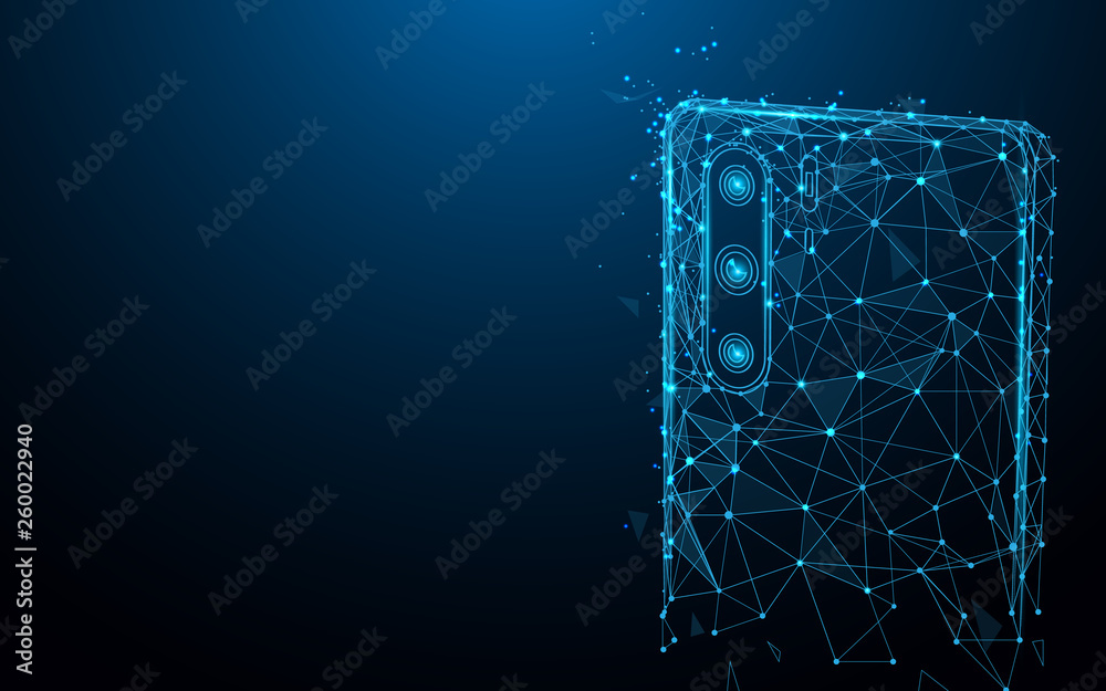 Wall mural close up of mobile phone camera from lines, triangles and particle style design. illustration vector