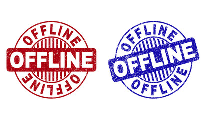 Grunge OFFLINE round stamp seals isolated on a white background. Round seals with distress texture in red and blue colors. Vector rubber overlay of OFFLINE label inside circle form with stripes.