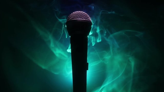 Microphone for sound, music, karaoke in audio studio or stage. Mic technology. Voice, concert entertainment background. Speech broadcast equipment. Live pop, rock musical performance