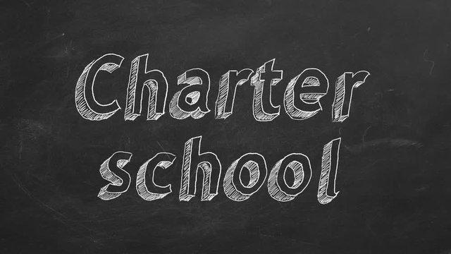 Hand drawing "Charter school" on black chalkboard. Stop motion animation.