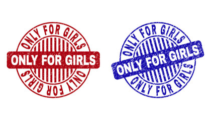 Grunge ONLY FOR GIRLS round stamp seals isolated on a white background. Round seals with grunge texture in red and blue colors.