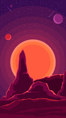 Space landscape with sunset and a starry sky in shades of purple, nature on another planet. Vector illustration.