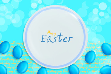 Happy Easter background with multicolored Easter eggs and a white plate on a blue background. Copy space. Easter card. Easter background.