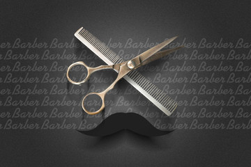 Hairdressing scissors and a hairbrush on a dark background. Barber Shop background. Copy space. Beauty and fashion background.