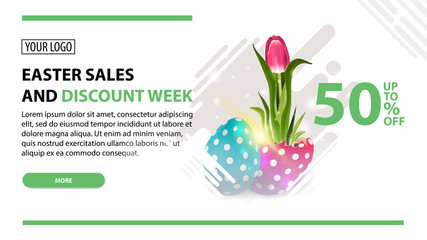 Easter sales and discount week, modern white horizontal discount banner with button and tulip growing from Easter egg