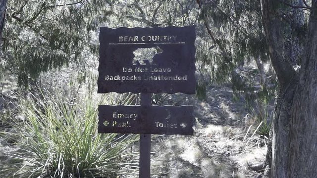 Bear Country and Backpack Unattended sign in the Big Bend Nation park in Texas