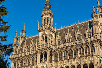 Fototapeta premium Striking Gothic Revival facade and roof of the Museum of the City of Brussels. The building also known as the Maison du Roi (
