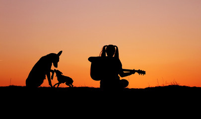 Obraz premium Silhouette girl guitarist on a sunset background, silhouettes of dogs of breed Belgian Shepherd Malinois and miniature pinscher, happy friends, outdoor