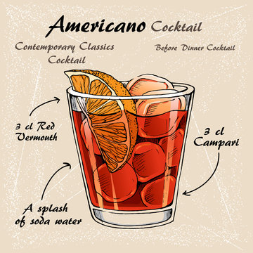 Vector illustration of alcoholic cocktail americano sketch