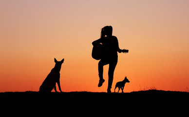 Fototapeta na wymiar Silhouette girl guitarist on a sunset background, silhouettes of dogs of breed Belgian Shepherd Malinois and miniature pinscher, happy friends, outdoor