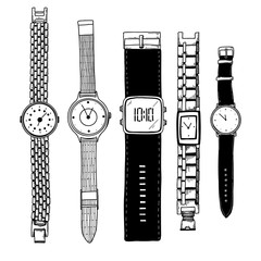 Realistic sketch of a watch. Set of different watches.