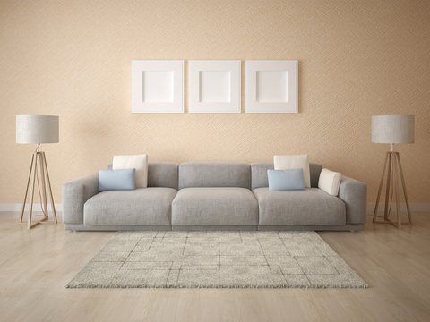 Mock up a stylish living room with a classic comfortable sofa and a bright hipster backdrop.