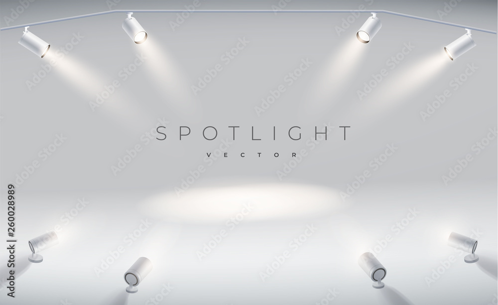 Wall mural set spotlights realistic with bright white light shining stage vector set. illuminated effect form p
