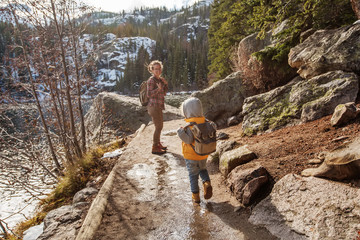 Family in Rocky mountains National park in USA