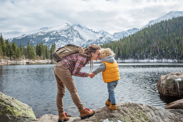 Family in Rocky mountains National park in USA