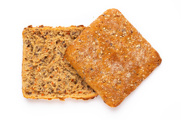 Rye bread slice on a white background.