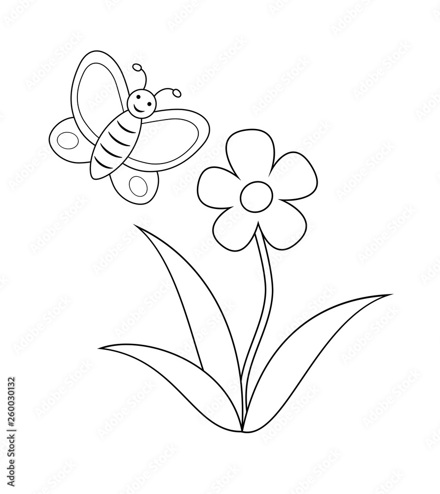 Wall mural flower with butterfly, coloring book page. vector outline illustration.